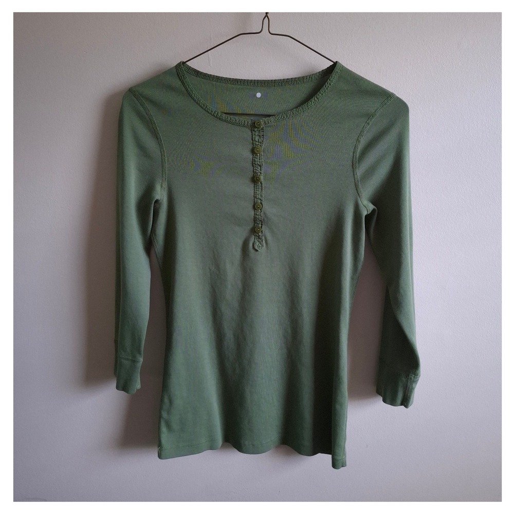 Three Dots Y2K Henley Forest Green Shirt Fitted 90s Cottagecore Ren Faire Sz M